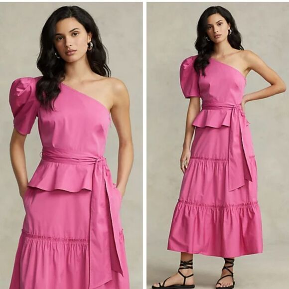 NWT|Polo Ralph Lauren Belted Cotton One-Shoulder Pink Top, 2 - Picture 2 of 12